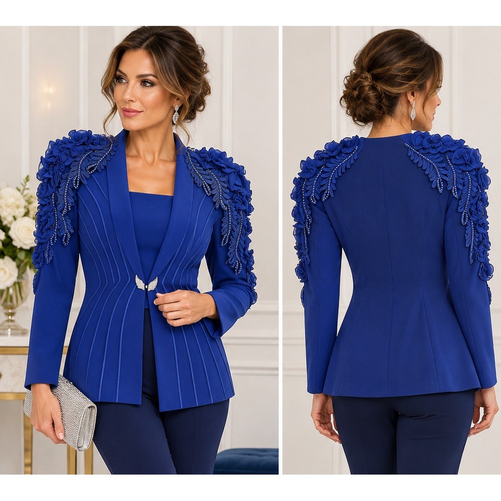 NWT Blue Ruffle Statement Jacket 10 Rhinestone Avant Garde Embellished Holiday